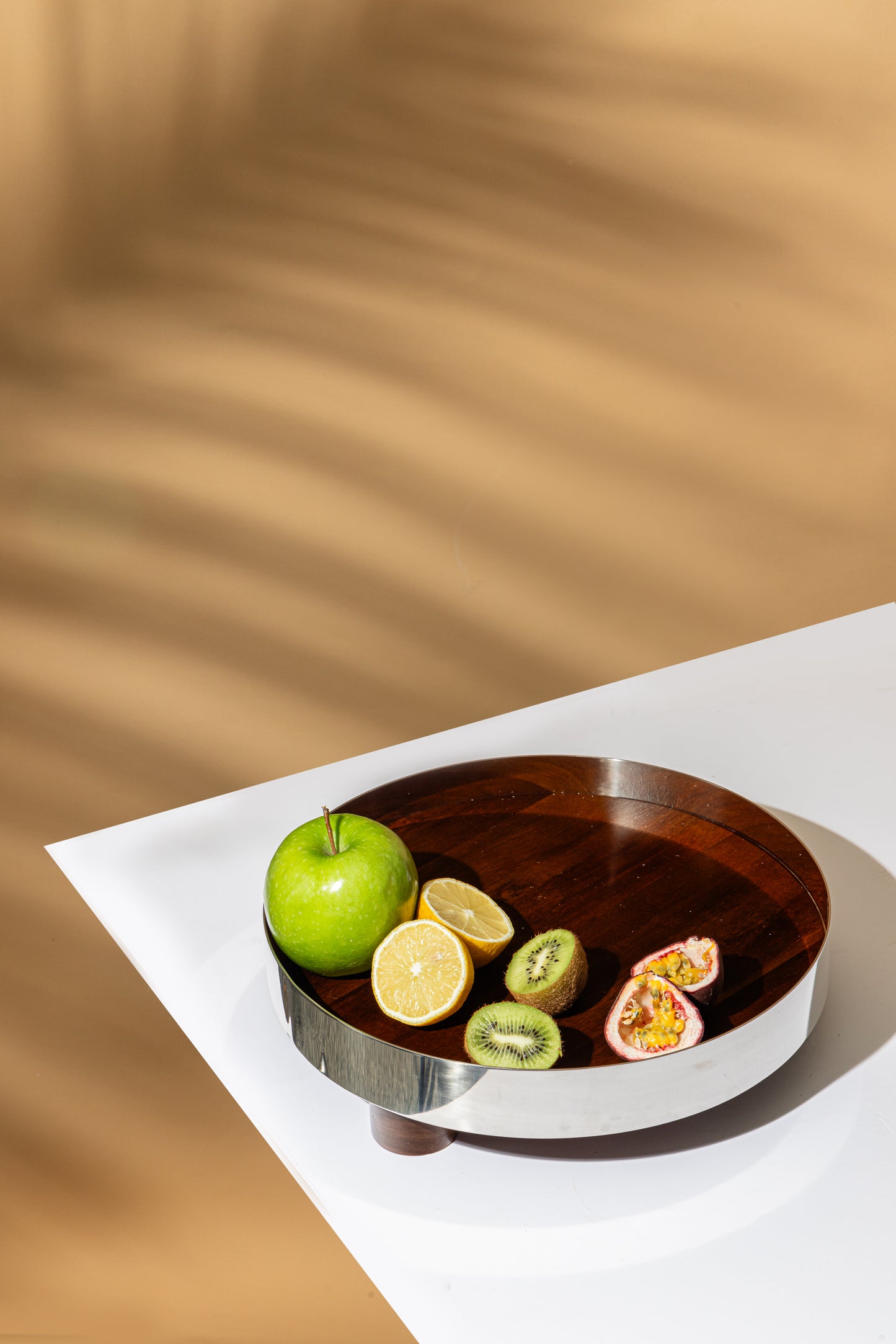 Circular Wood & Stainless Tray
